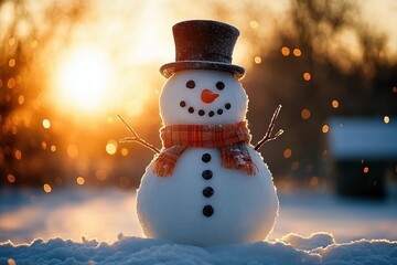 cheerful snowman with top hat, striped scarf, carrot nose, coal eyes and buttons, twig arms on a snowy field at golden sunset with warm backlit bokeh