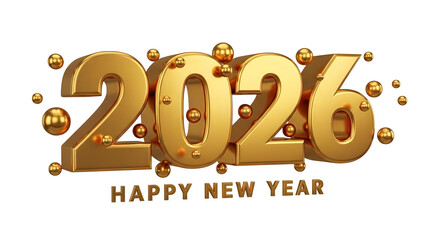 Golden 2026 happy new year text and sparkling spheres concept