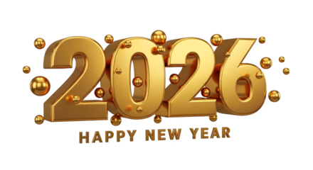 Golden 2026 happy new year text and sparkling spheres concept