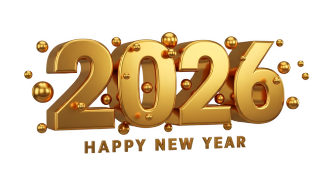 Golden 2026 happy new year text and sparkling spheres concept