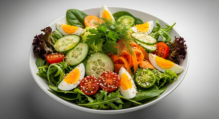 Colorful Healthy Salad with Mixed Greens, Vegetables, Hard-Boiled Eggs, and Seeds