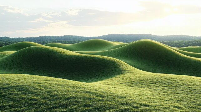 sunlit rolling green hills with smooth grassy mounds and distant tree-covered ridges under a soft cloudy sky, evoking a calm and serene peaceful mood