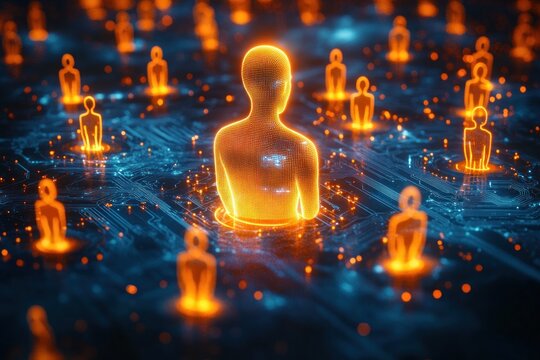 glowing orange human holograms on a blue circuit board with a large central figure surrounded by smaller figures, futuristic connected and networked atmosphere