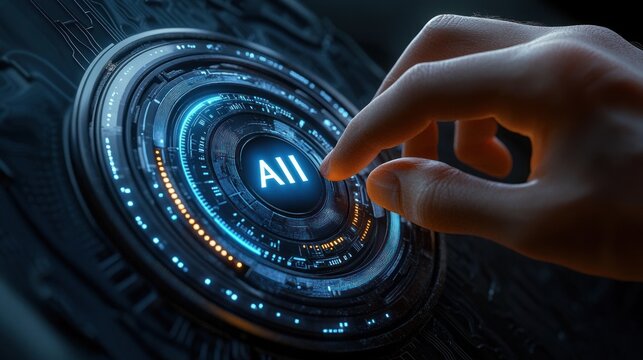 Close-up of a hand reaching to touch a glowing circular futuristic control button labeled AI on a high-tech holographic interface, evoking curiosity and empowerment