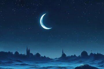 serene night with a glowing crescent moon above domed skyline and spired silhouettes over rolling dunes