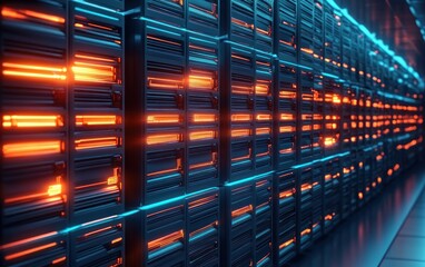 Row of glowing data center server racks with orange status lights and blue ambient lighting, futuristic high-tech atmosphere