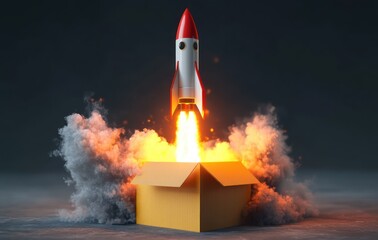 toy rocket blasting out of a cardboard box with fiery exhaust and billowing smoke against a dark background, evoking surprise and playful excitement