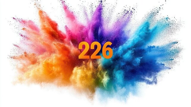 Vibrant multicolored powder explosion with a bold orange three-digit number at the center, dynamic energetic burst of pigment and motion evoking excitement and celebration