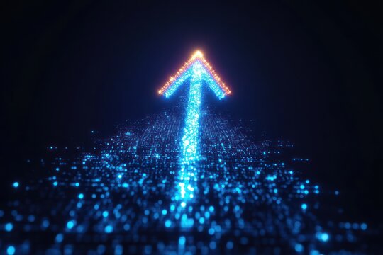 Glowing blue digital arrow formed from sparkling particles with a warm orange tip rising on a dark background, conveying futuristic progress and optimistic upward momentum - Powered by Adobe