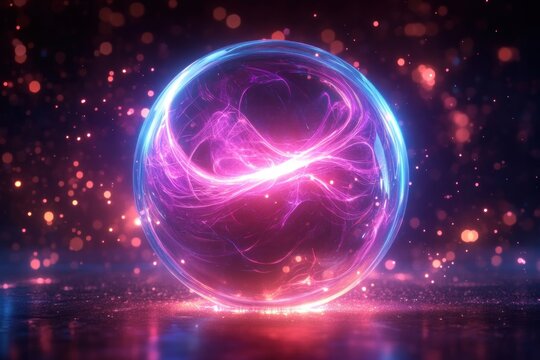 Glowing glass orb with swirling neon energy levitates above a reflective wet surface amid sparkling bokeh lights, evoking wonder and mysterious futuristic magic