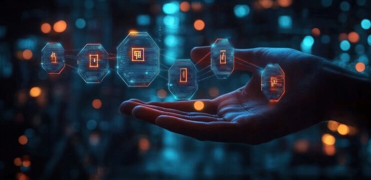 outstretched hand holding a glowing holographic hexagonal digital network of icons and data nodes, conveying futuristic control and wonder