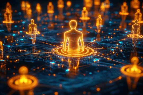 Glowing orange holographic human figures on a blue circuit board network, linked by lighted nodes, conveying a futuristic interconnected and mysterious digital community