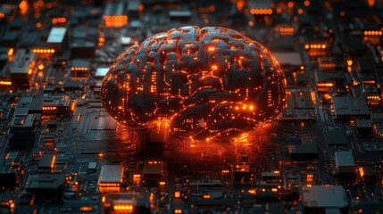 glowing metallic brain resting on a dark circuit board with orange lights and microchips, pulsing with intense futuristic digital energy