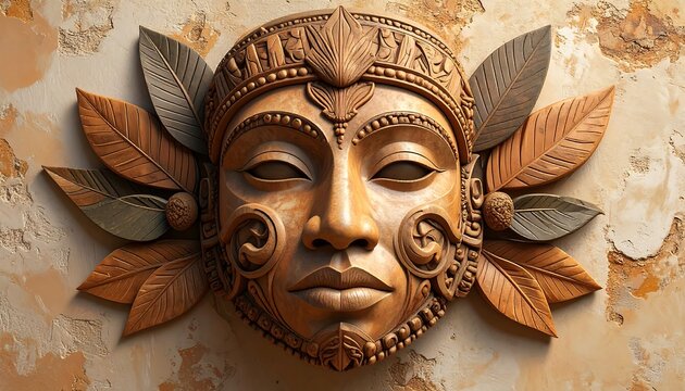 Wooden mask with ornate details and feather-like elements