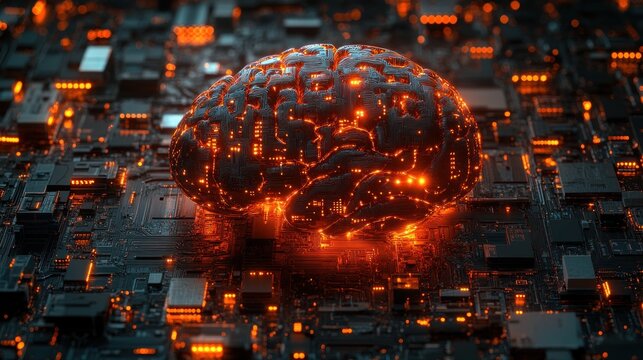 glowing metallic brain resting on a dark circuit board with orange lights and microchips, pulsing with intense futuristic digital energy