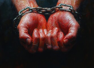 two red-stained hands cupped together and bound by heavy metal chains, close-up conveying pain desperation and captivity against a dark background