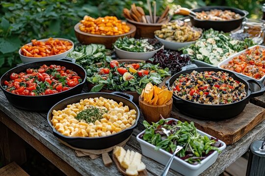 Rustic outdoor buffet of colorful salads and sides on a wooden table — mixed greens, cherry tomatoes, grain salad, diced and sliced cheese, bowls of snacks in cast iron pans, inviting and abundant