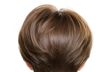 Close-up view of a neatly styled short haircut from the back. highlighting the smooth texture and layered cut. against a plain white background. ideal for hairdressing or styling references