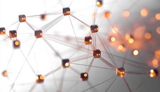 glowing connected cube network with orange lights and delicate wires evoking futuristic connectivity and dynamic energy