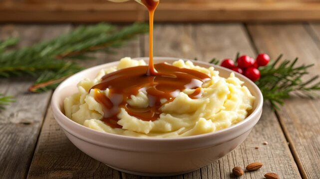 Creamy mashed potato bowl with rich brown gravy poured over center, rustic wooden table setting with evergreen sprig and red berries adding seasonal holiday mood and creamy sauce topping for cozy