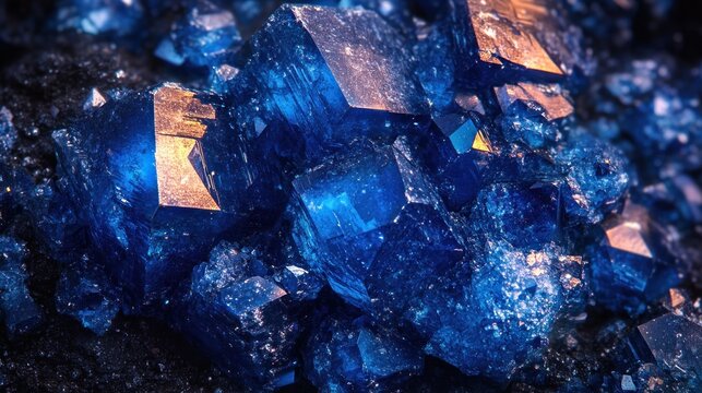 Mesmerizing cluster of deep blue cubic crystals with glittering faceted faces and golden highlights resting on a rough mineral matrix, evoking wonder and mysterious beauty