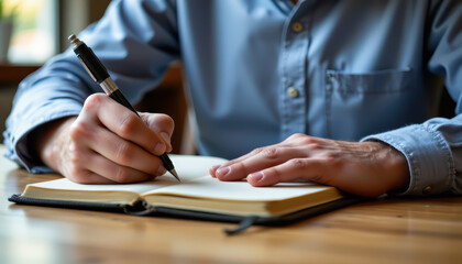 Man writing in notebook with pen, showcasing focus and creativity. warm ambiance of setting enhances thoughtful atmosphere, perfect for capturing ideas and inspiration