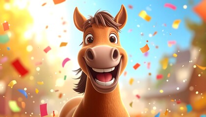 A joyful cartoon horse smiles widely, celebrating. Confetti rains down in a sunny scene. Buildings are slightly visible in the background