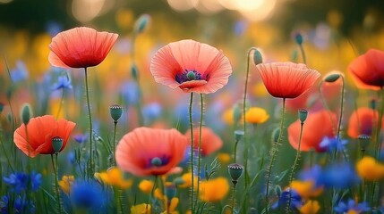 sunlit field of red poppies with blue and yellow wildflowers, delicate seed pods and green stems in a dreamy serene joyful summer meadow