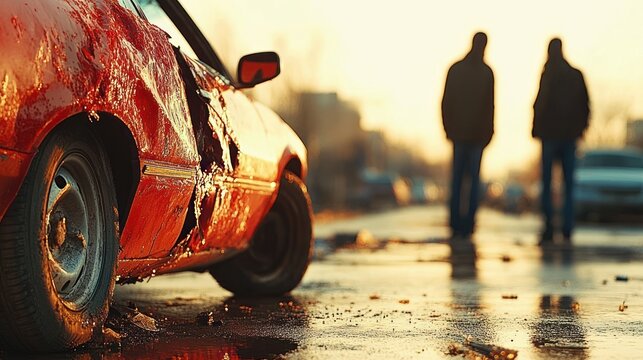 Dented red car on wet urban street at sunset with two silhouetted figures in the distance, tense and somber atmosphere