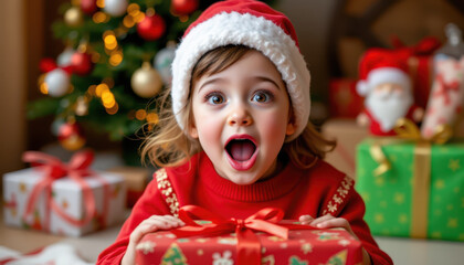 Child excitedly unwrapping present, wearing festive red sweater and Santa hat, surrounded by Christmas decorations and gifts, capturing joy of holiday season