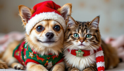 Festive pets wearing holiday attire, dog in Santa hat and cat with scarf, create joyful scene. Their expressions radiate warmth and cheer, perfect for celebrating season