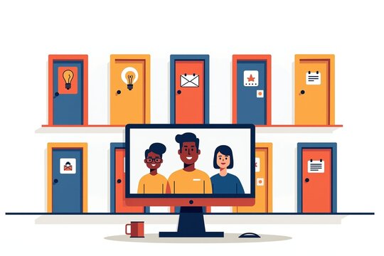 Virtual meeting: diverse team members connect online, smiling around a central screen. Collaborative and inclusive workplace culture.