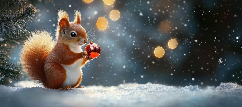 Curious red squirrel clutching a shiny red bauble on snow beside pine branches with falling snowflakes and warm glowing lights, a magical and joyful winter scene