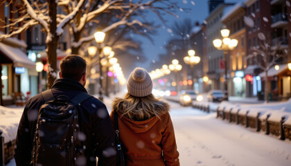 Couple walks hand in hand through snowy street at night, surrounded by softly glowing street lamps. serene atmosphere evokes warmth and togetherness amidst winter chill