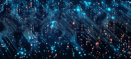 glowing blue and orange circuit board with illuminated traces and sparkling data points conveying futuristic high-tech energy