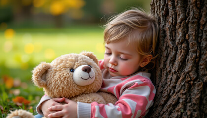 Peaceful child resting against tree, holding soft teddy bear, surrounded by serene outdoor setting with autumn colors. scene evokes warmth and comfort