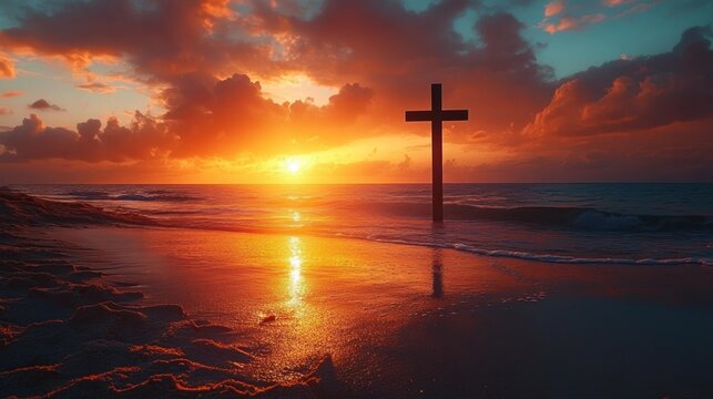 solitary cross standing in shallow ocean at fiery sunset over reflective wet sand and dramatic clouds evoking peace and contemplation