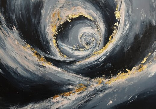 dark swirling spiral vortex of textured navy, gray and white brushstrokes with gold leaf accents, dramatic mysterious energy - Powered by Adobe