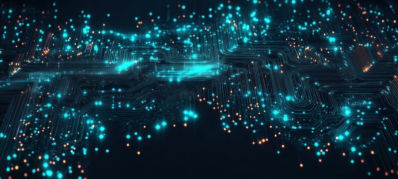 Glowing teal circuit board with flowing electronic traces, luminous orange nodes and scattered light particles conveying a futuristic, energetic digital network