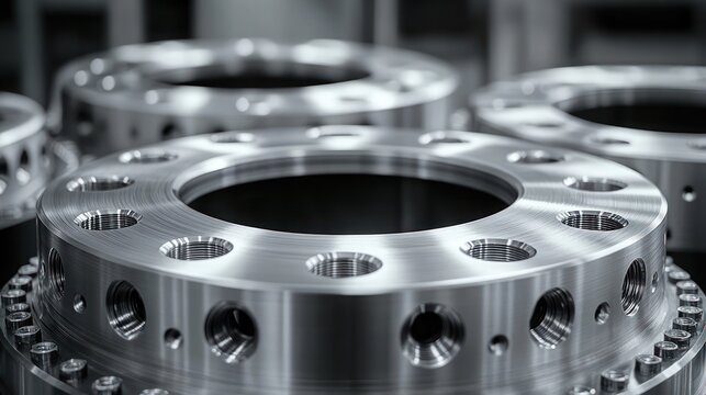 Shiny machined metal flanges with multiple threaded holes stacked in a precise industrial arrangement, sleek and cold