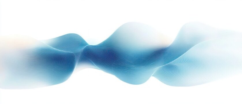 translucent blue flowing ribbon waves with fine contour lines on white background, serene and calming abstract movement