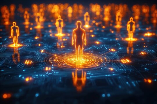 Rows of glowing orange humanoid silhouettes standing on a blue circuit board network, a futuristic digital crowd conveying connection and isolation - Powered by Adobe