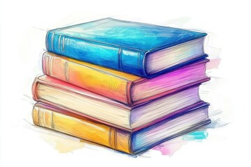 watercolor sketch of a stack of four colorful hardcover books with a vibrant, whimsical, inviting mood