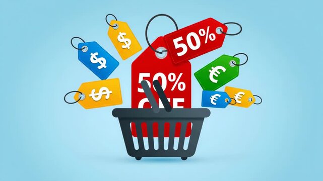 Shopping Basket with Discount Tags and Sale Offers on Blue Background.