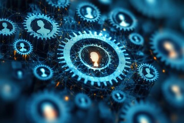 interconnected blue gears with human silhouette icons linked by glowing network lines, evoking collaboration, connectivity and collective intelligence