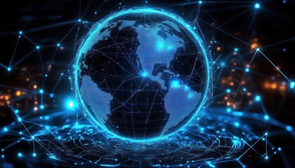 glowing blue holographic globe with interconnected nodes and lines hovering above a circular data grid, conveying futuristic global connectivity and dynamic energy