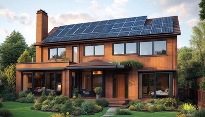 Two-story red brick house with solar panels, large glass windows, cozy covered patio, lush landscaped garden and stepping stone path at golden hour, peaceful inviting atmosphere