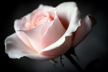close-up of a pale pink rose with delicate curled petals, soft velvety texture and gentle light against a dark background evoking tender romantic serenity