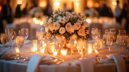 Romantic candlelit banquet table with blush rose centerpiece, glassware and elegant place settings, warm intimate golden ambiance