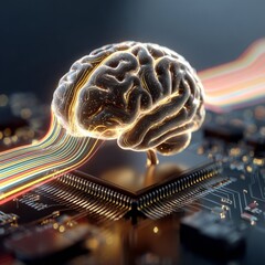 Harmony of human mind and machine in a futuristic landscape. Information flow. A futuristic brain integrated with advanced tech on a motherboard. Signal transmission. High-speed internet.